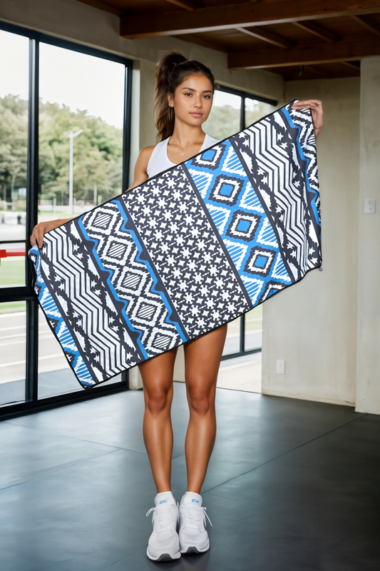 120×60CM Double Sided Gym Towel-Blue & White Ethnic Style